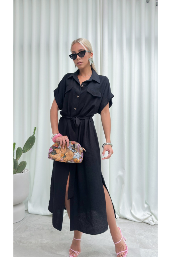 Sukienka Koszulowa Maxi Premium Wiązana w Pasie Elegancka Oversize Guziki Kieszenie - czarny